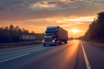 Fototapeta na wymiar Semi Truck Driving Down Highway at Sunset