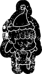 cartoon distressed icon of a indifferent woman wearing santa hat