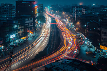 Fototapeta na wymiar Vibrant Nighttime Traffic on Busy City Street
