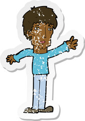 retro distressed sticker of a cartoon worried man reaching out
