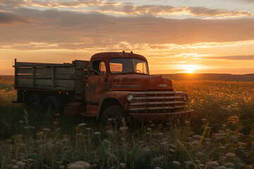 Old Truck Parked in Field at Sunset