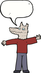 cartoon happy wolf man with speech bubble