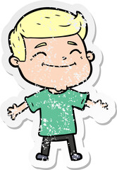 distressed sticker of a happy cartoon man with open arms