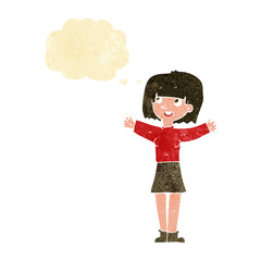 cartoon excited woman with thought bubble
