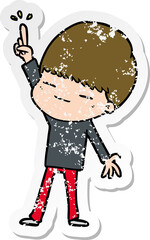 distressed sticker of a cartoon smug boy