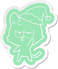 bored cartoon  sticker of a cat wearing santa hat