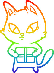 rainbow gradient line drawing confused cartoon cat with gift