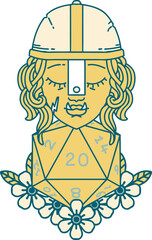 half orc fighter character with natural twenty dice roll illustration