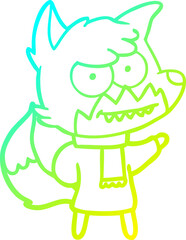 cold gradient line drawing cartoon grinning fox in winter clothes