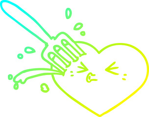 cold gradient line drawing cartoon love heart stuck with fork