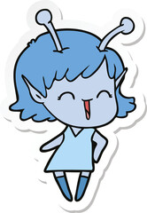 sticker of a cartoon alien girl laughing