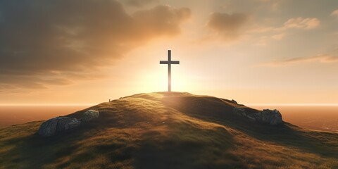 minimalistic design Christian cross on hill outdoors at sunrise. Resurrection of Jesus - obrazy, fototapety, plakaty