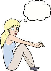 cartoon happy woman sitting with thought bubble