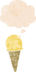 cartoon ice cream and thought bubble in retro textured style