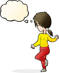 cartoon girl dancing with thought bubble