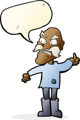 cartoon angry old man in patched clothing with speech bubble