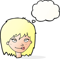 cartoon smiling woman with thought bubble