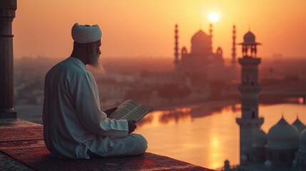Fototapeta premium Muslim man reading the Koran at dawn