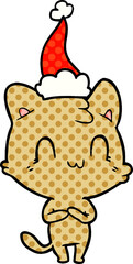 comic book style illustration of a happy cat wearing santa hat