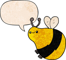 cartoon bee and speech bubble in retro texture style