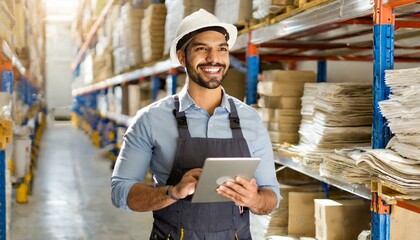 smiling and laughing salesman in a hardware warehouse standing checking supplies on his tablet.