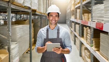 smiling and laughing salesman in a hardware warehouse standing checking supplies on his tablet.