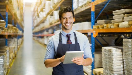 smiling and laughing salesman in a hardware warehouse standing checking supplies on his tablet.