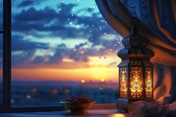 The evening glow of a traditional Ramadan lantern against the backdrop of the city