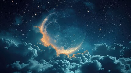 Obraz na płótnie Canvas Ethereal Crescent Moon Amidst Clouds