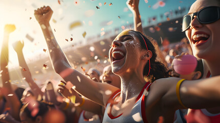A fan cheering on their favorite team. A group of supporters celebrating the victory of their favorite team.