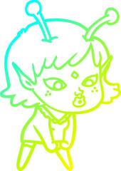 cold gradient line drawing pretty cartoon alien girl