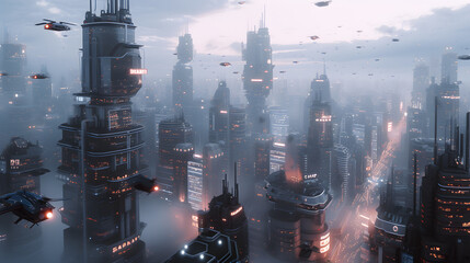 A futuristic cityscape with flying cars and skyscrapers. wallpaper and background. Generative AI.