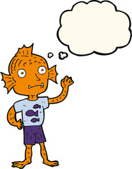cartoon waving fish boy with thought bubble