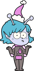 line drawing of a alien girl wearing santa hat
