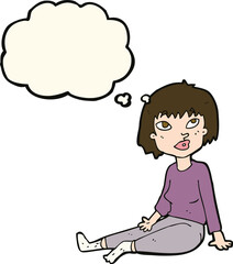 cartoon woman sitting on floor with thought bubble