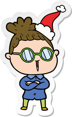 sticker cartoon of a woman wearing spectacles wearing santa hat