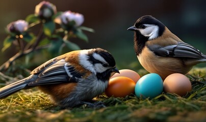 Obraz premium birds and eggs, birds watch their eggs