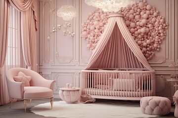 Baby nursery, elegant toddler room in pink - obrazy, fototapety, plakaty