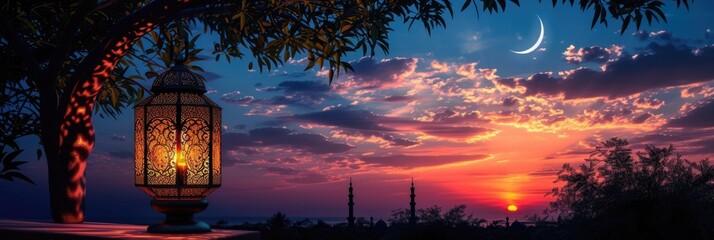 Fototapeta premium Ramadan Lantern Overlooking a Sunset Cityscape