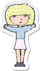 retro distressed sticker of a cartoon woman raising arms in air