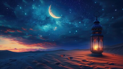 Ramadan Lantern in the Desert Under the Starry Sky