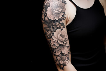 Black flower tattoo on skin.  Black flower tattoo on arm.Woman's tattoo, flowers. Flower tattoo. Black color. Tattoo ideas for women. Tattoo parlor. Tattoo artist profession.
​