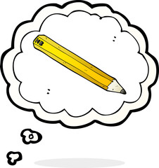cartoon pencil with thought bubble