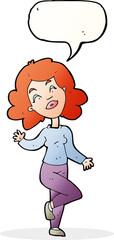 cartoon happy woman dancing with speech bubble