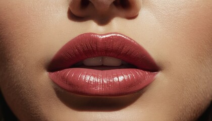 Close-up of a woman's lips ajar. Sexy glossy beige color. Concept of cosmetic products, lipstick or lip gloss, and for medical purposes lip augmentation.