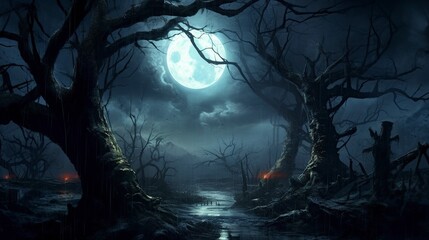 an illustration,night in the magic forest with many trees and huge moon