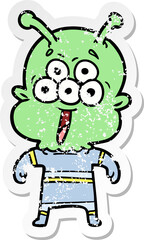 distressed sticker of a happy cartoon alien