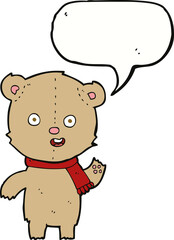 cartoon waving teddy bear with scarf with speech bubble