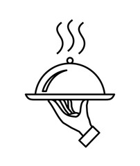 Waiter hand or cloche icon. Symbol of service, menu or catering. Hand with a tray, an attribute of cafes, restaurants or hotels. Designation of breakfast, lunch or dinner.
