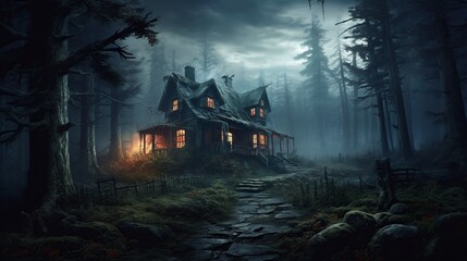 illustration, a haunted house with light, and a gloomy forest - obrazy, fototapety, plakaty